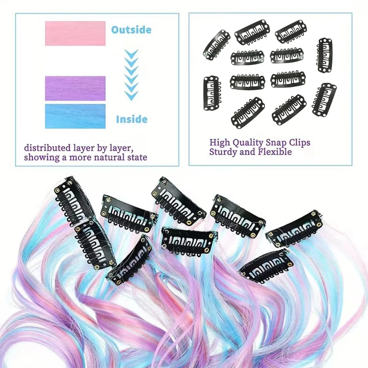 Synthetic 5Pcs Clip In Hair Extensions Colorful Ombre Curly Wig Rainbow Highlight Hair Clip On Hairpieces For Women Girls — image 5