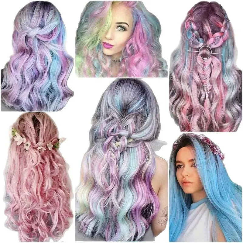 Synthetic 5Pcs Clip In Hair Extensions Colorful Ombre Curly Wig Rainbow Highlight Hair Clip On Hairpieces For Women Girls — image 6