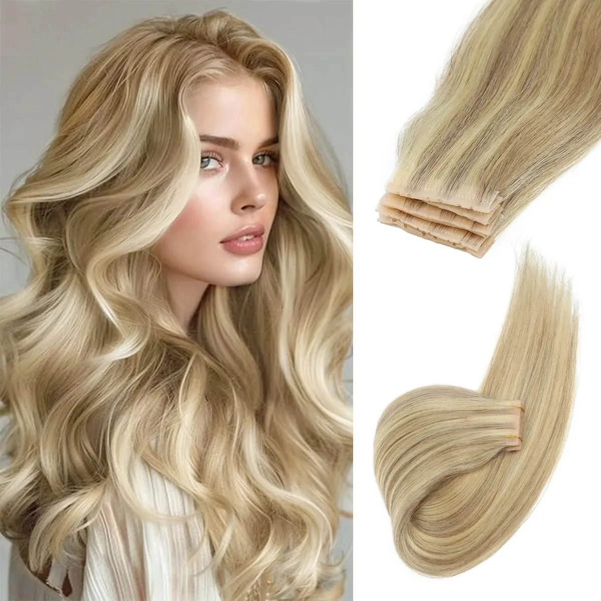 Butterfly Weft Hair Extensions Human Hair Glue-Free Double Invisible Weft with Micro Beads Natural Volume and Length 12-24Inches