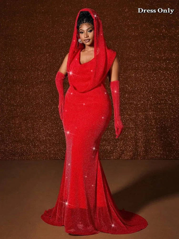 Plus size chapéu sexy cintura quente ouro peixe cauda balanço longo cor sólida fishtail pacote fino hip vestido com capuz