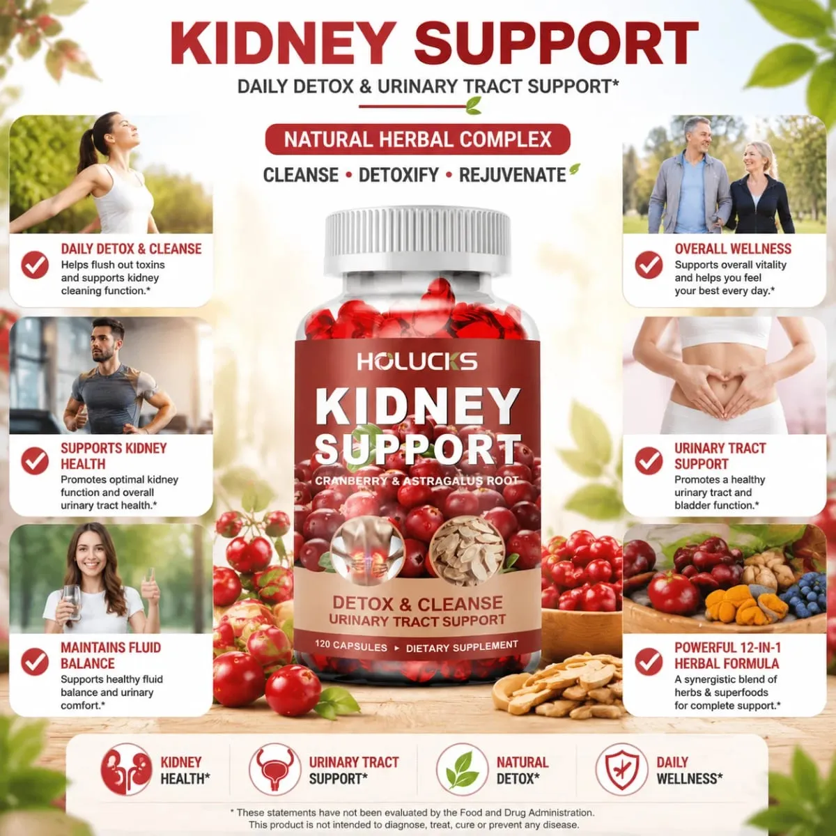 Kidney Cleanse Detox & Repair Supplement with Astragalus Root Cranberry Support Urinary Tract & Immune Health Daily Energy