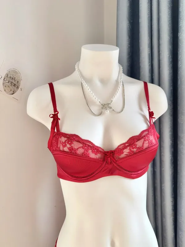 Popular Red Lace Minimizer Bra Set Ladies Half Cup Ultra Thin Big Bust Soft Support Bridal Party Honeymoon Night Out 32-38 Suit — image 11
