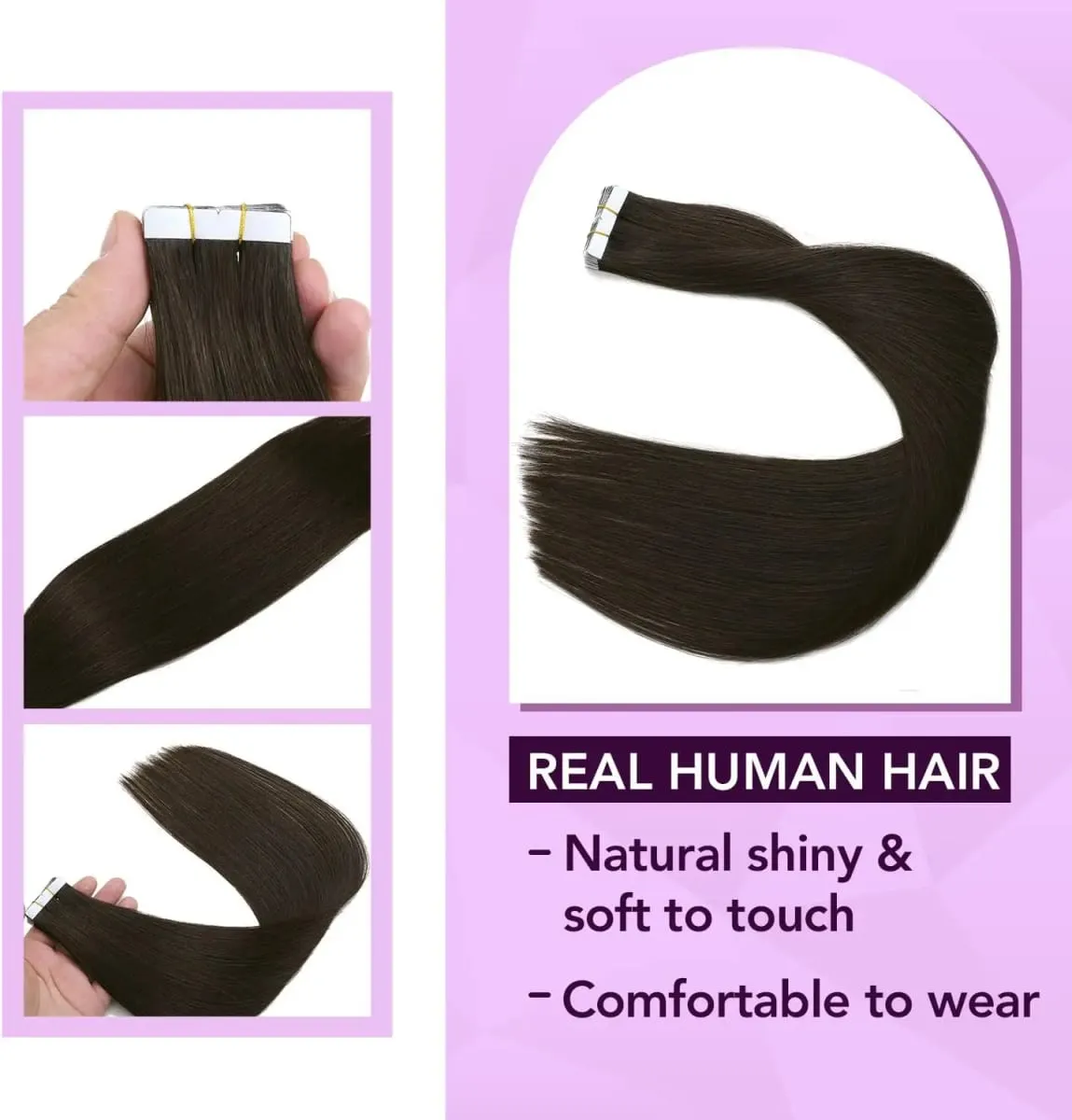 Dark Brown #2 Tape in Hair Extensions Human Hair 14-22inch Skin Weft Silky Straight