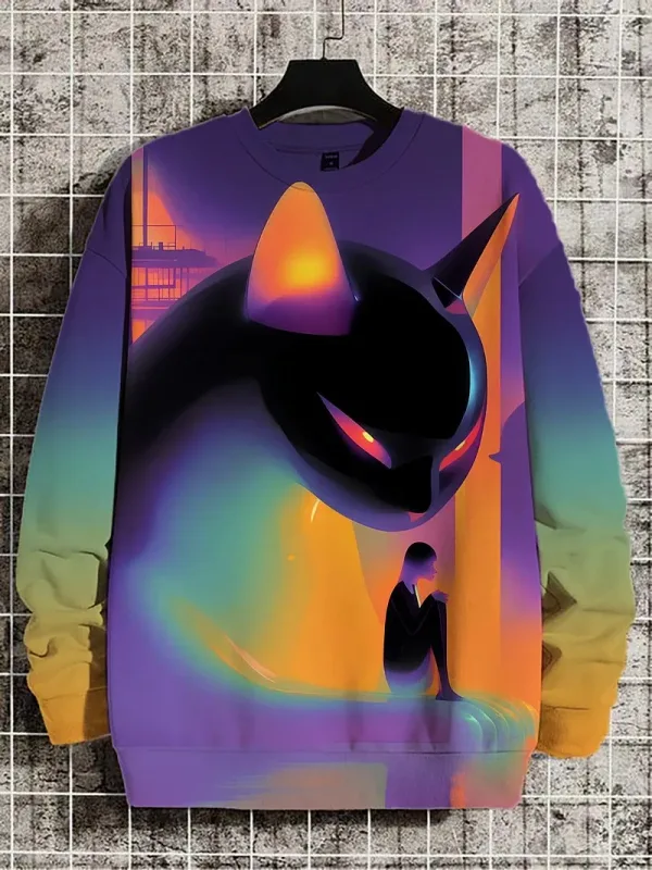Djurkatttröjor för män Långärmad tröja O-halsmode Cool dagligen 3D-tryckta japanska konsttryck Casual sweatshirts