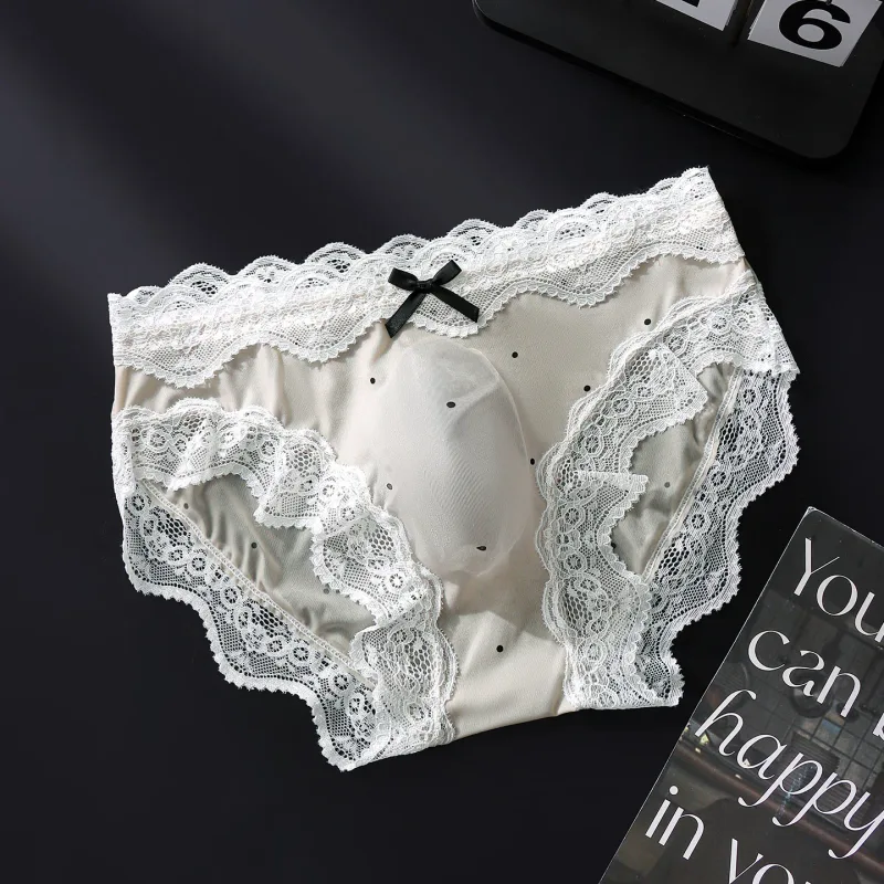 Sexiga byxor för män Spetskant Polka Dot Underkläder Ice Silk Sissy Trosor U Convex Pouch Kalsonger Seamless Se Through Underkläder — image 11