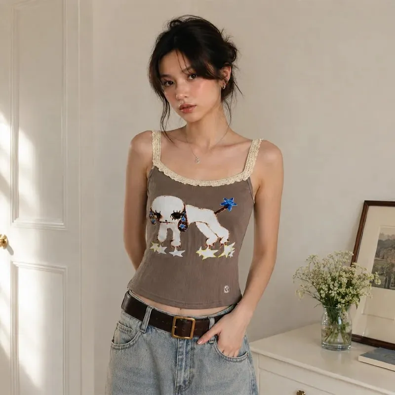 Women Lace Trim Camisole Top Cute Dog Embroidery Tank Top Y2K Slim Fit Crop Vest Vintage Sweet Fashion — image 3