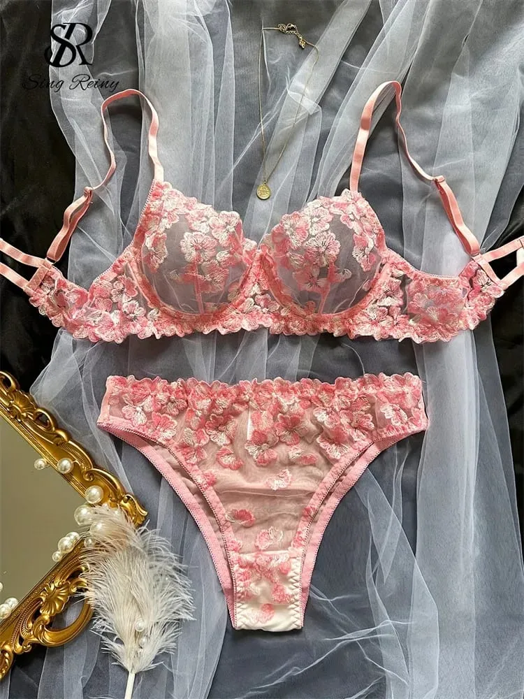 Malha pura lingerie duas peças ternos francês floral seusual conjuntos de roupa interior feminino bordado sexy sutiã e cuecas conjuntos — image 2