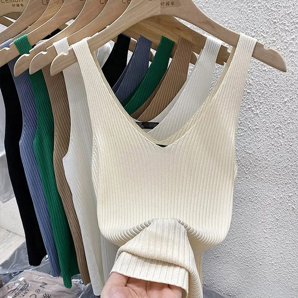 New Summer Sexy V-Neck Sleeveless Knit Women Camis Slim Pure Desire Style Basic Crop Top Korean Style Solid Versatile Tank Top — image 13