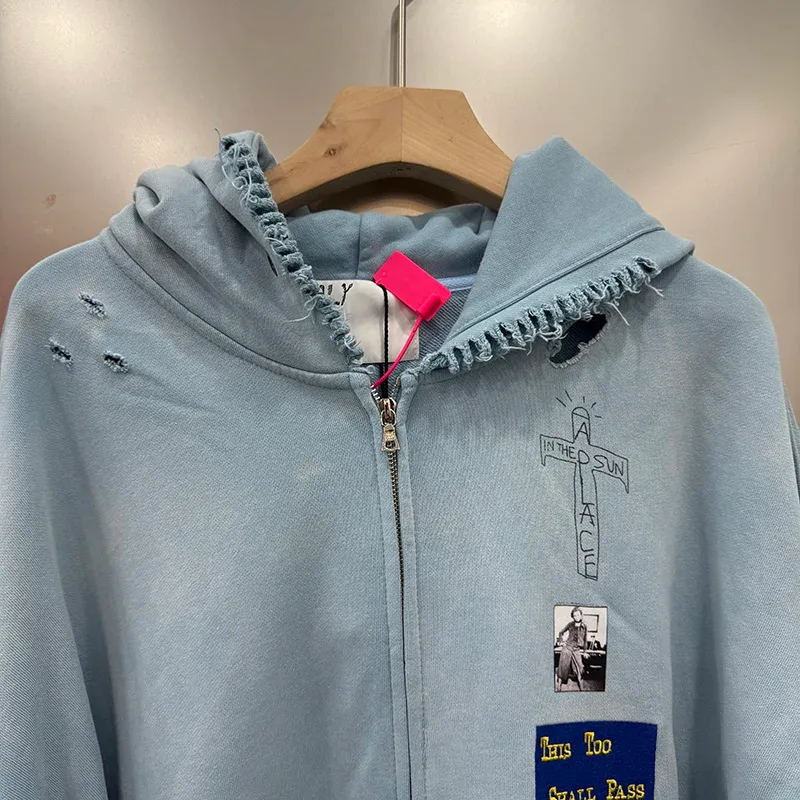 Light Blue PALY Letter Crystal Hoodie Ripped Washed Fashion Patch High Street Casual Men Women 1:1 Zipper Sweatshirts — image 3