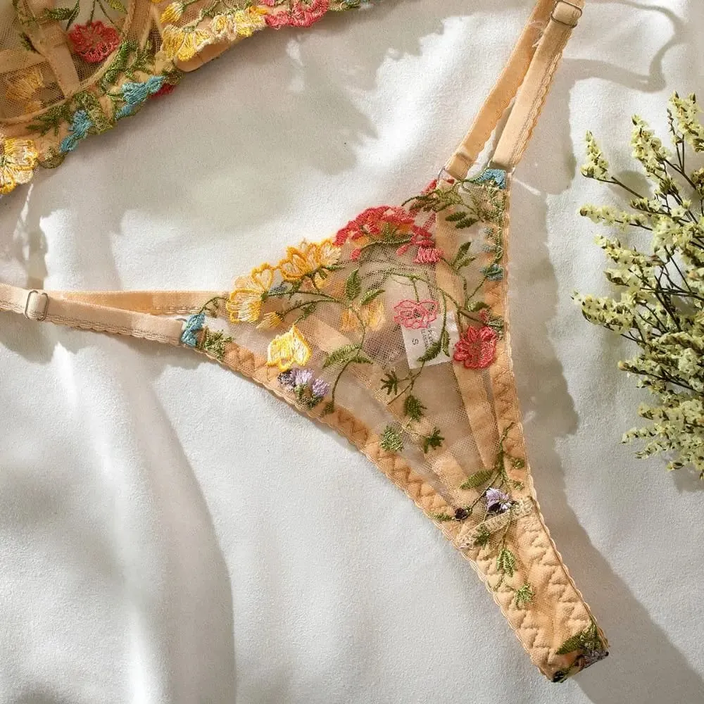 2-Piece Versatile Floral Lingerie Set Embroidery Sheer Boho Bra Panty Set Intimates — image 4