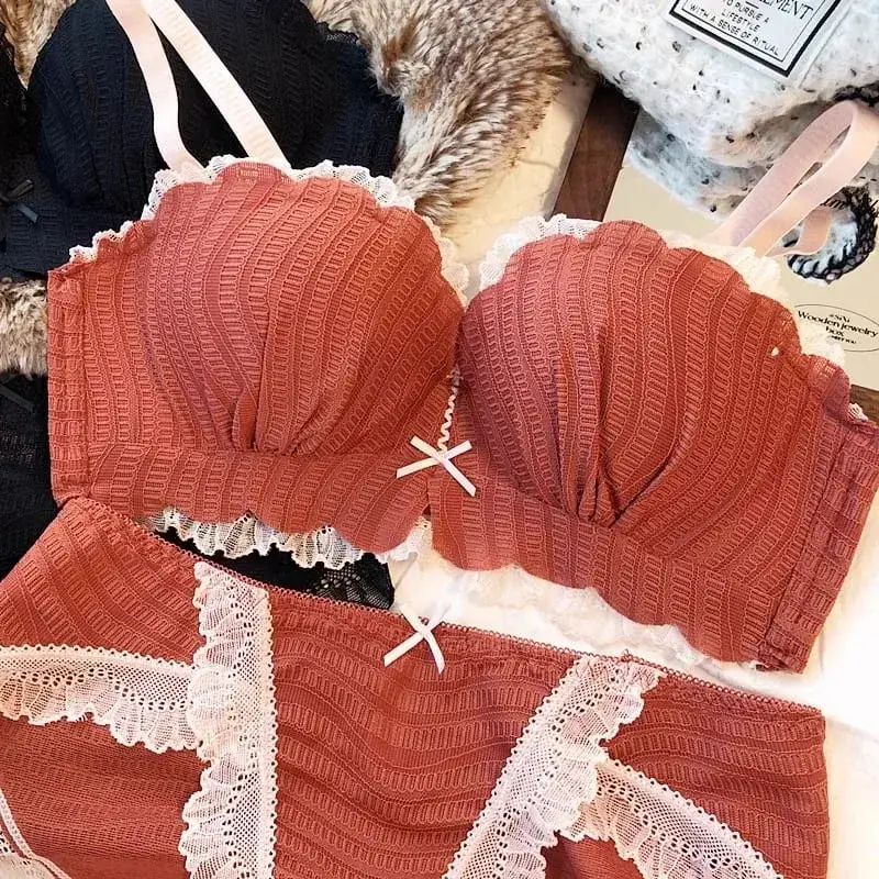 Söt kontrastfärg Spets tunna underkläder för unga flickor Intimates One-Piece Sömlös liten BH och trosset Bomullsunderkläder — image 6