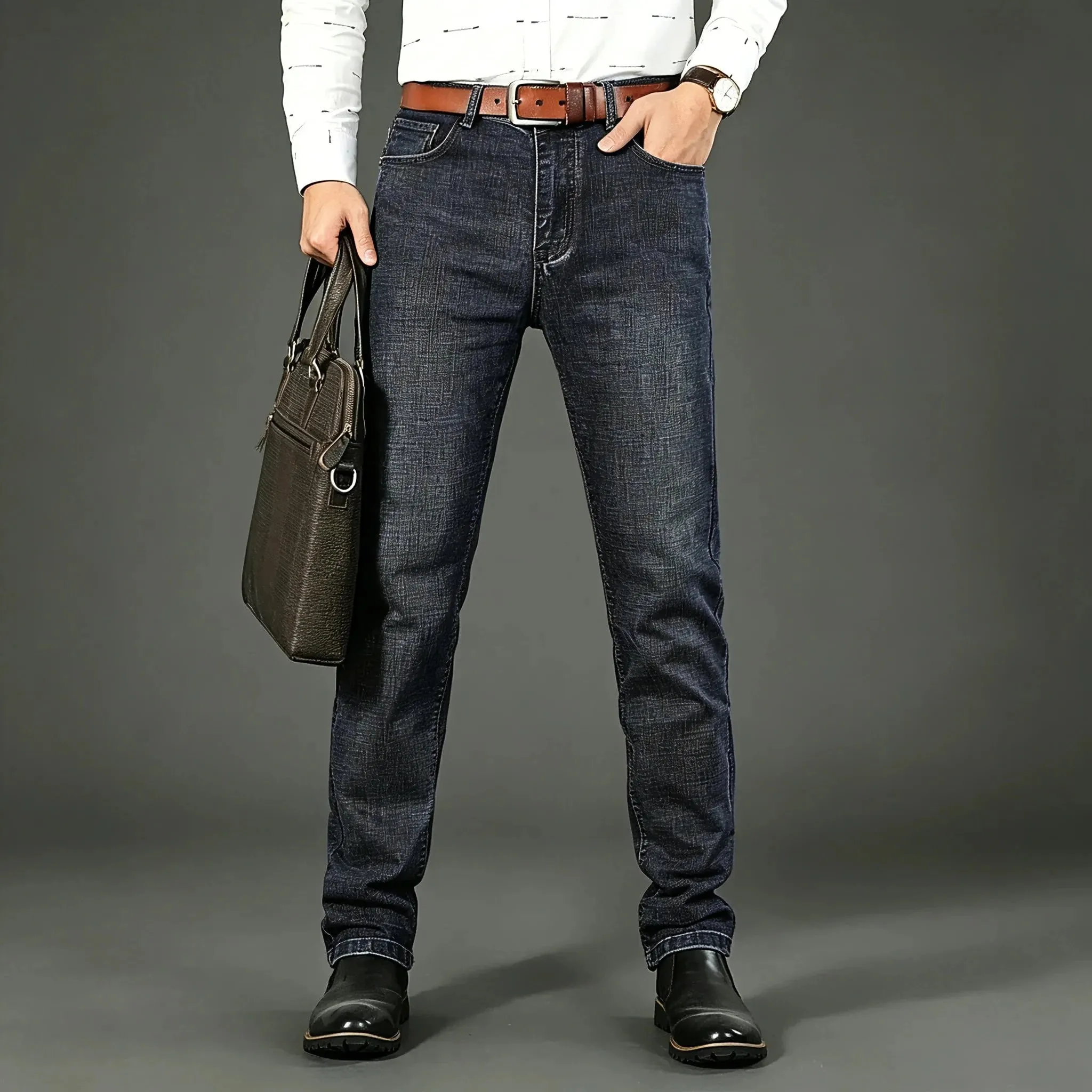 2026 Top Brand Washed Jeans Trousers Four Season Men's High Quality Jeans Business Casual High Waist Denim Pants — image 6