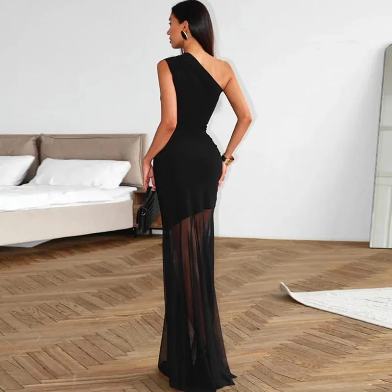 Ticketsx Off Shoulder See Through Dress Solid High Waist Patchwork Backless Slim Long Dress Women Vacation Party Evening Dresses — image 3