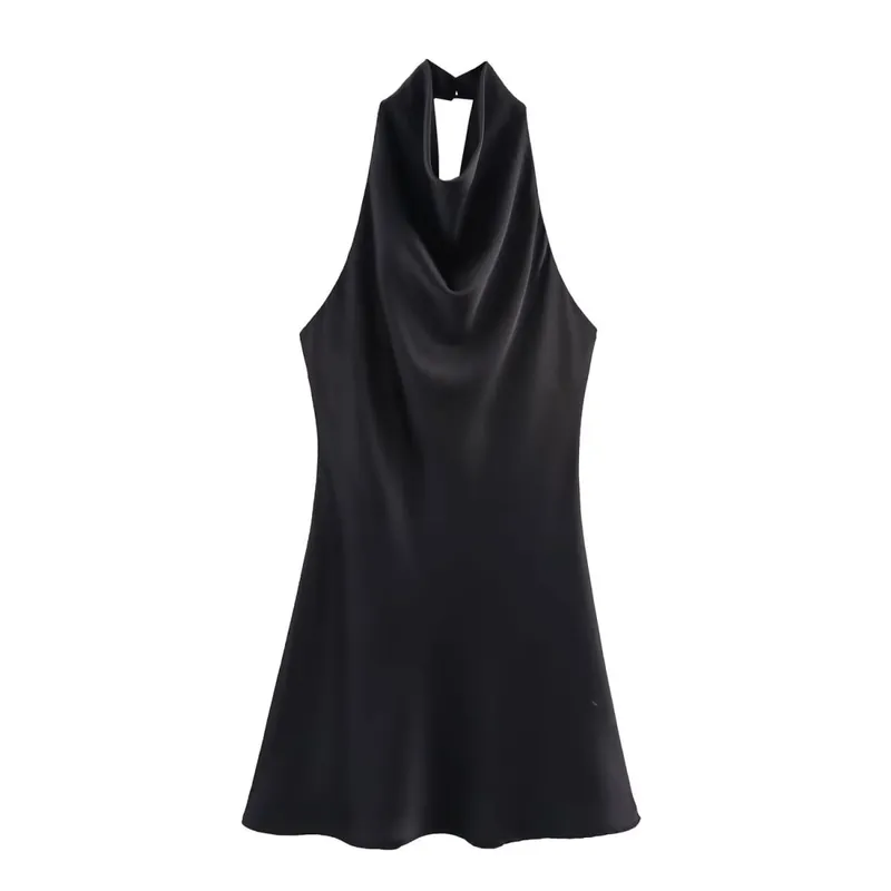 2025 Summer New Pambabaeng Damit Simpleng Ugali Fashionable At Sexy Backless Silk Satin Texture Hanging Neck Dress