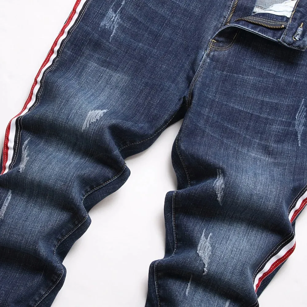 Men Side Stripe Denim Jeans Blue Stretch Washed Denim Pants Slim Straight Trousers — image 4