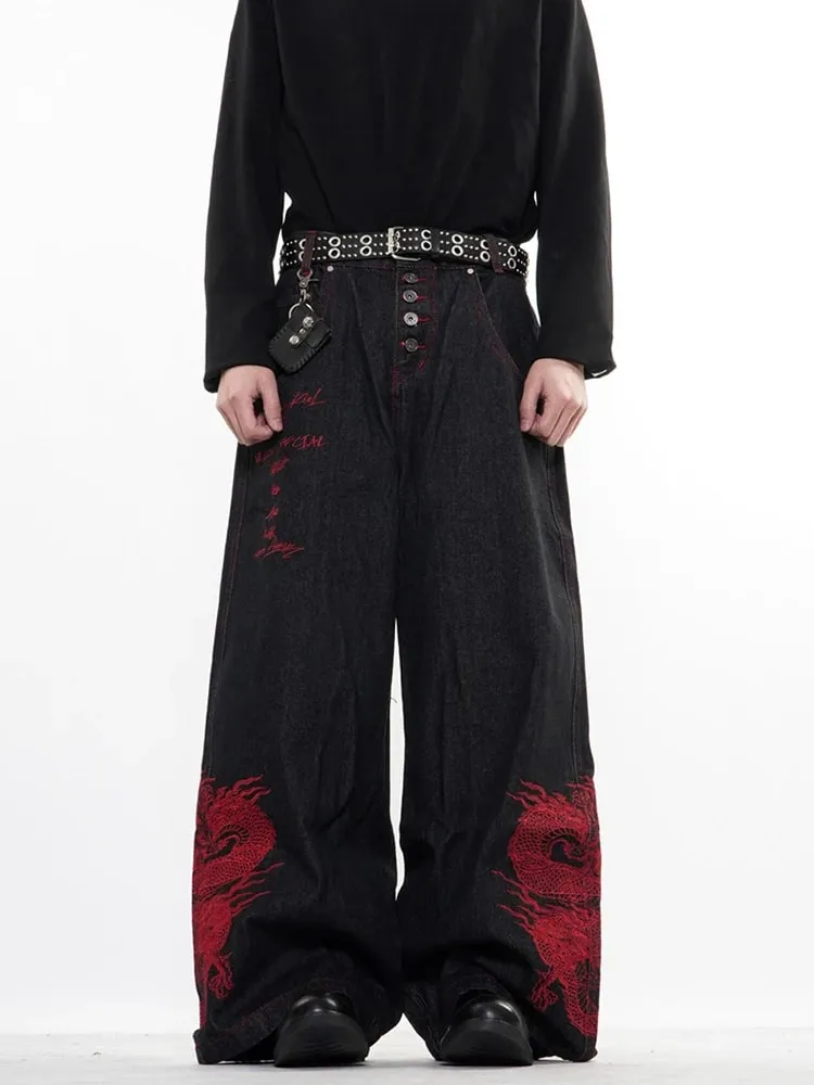 2026 New Side Red Dragon Embroidery Baggy Jeans For Men Y2K Streetwear Punk Fashion Denim Pantalones American Retro Hip Hop Jean