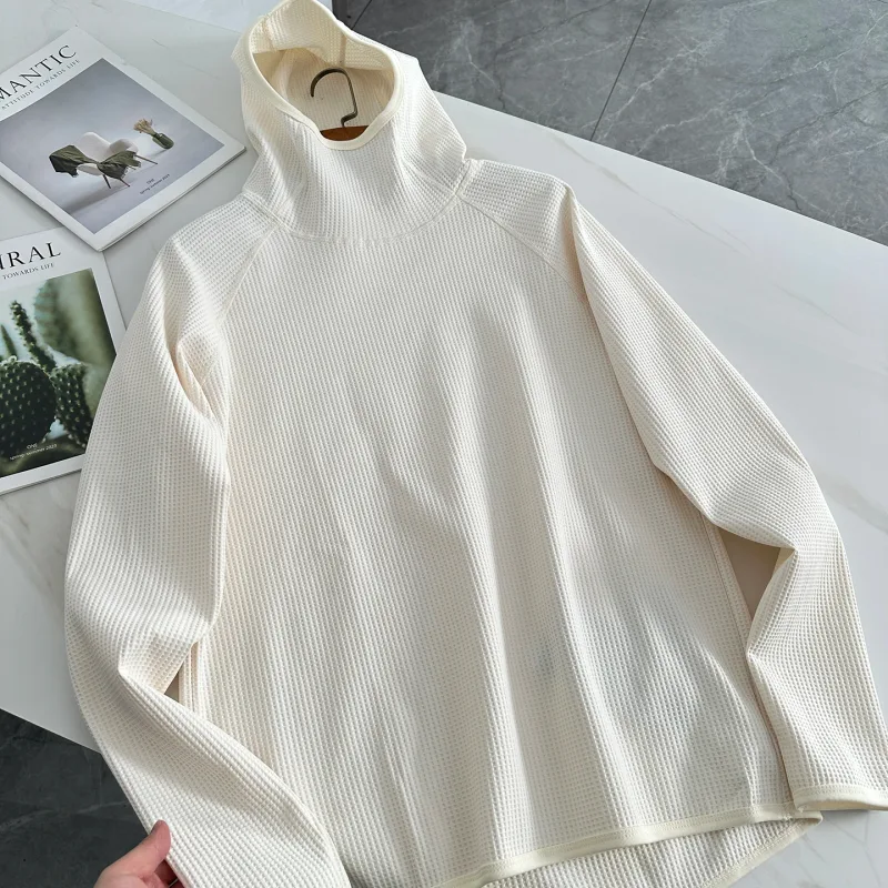 Lightweight Soft Elastic Waffle Grid Harajuku Style Half Face Hooded Loose Thin Sweatshirt Unisex Polyester Fiber Long Sleeve — image 9