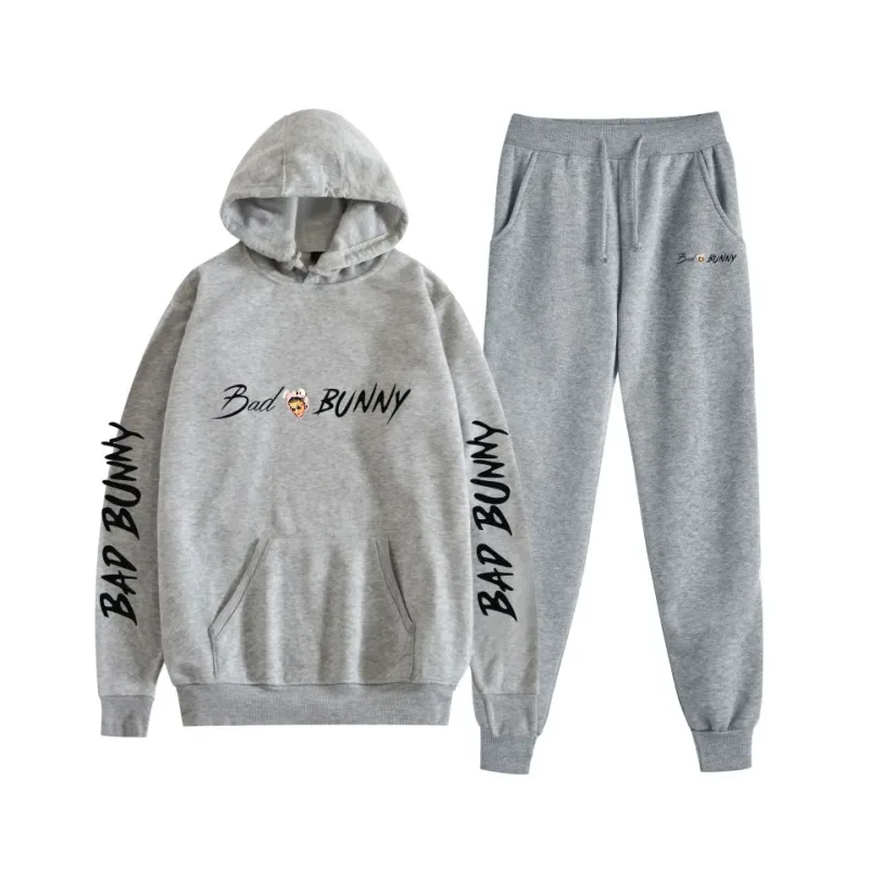 Harajuku Bekväm bad bunny Tryck Sweatshirt Träningsbyxor Kostym Dam Luvtröjor+ Byxor Kostym Pojkar/Flickor 2-delat set Kläder — image 61