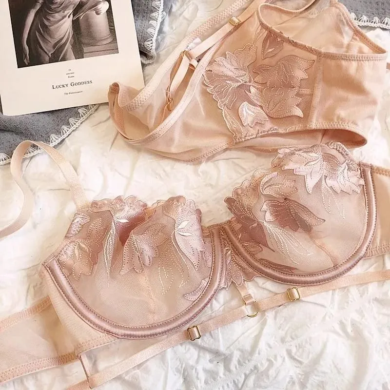Sexy Lace Women Bra Push Up Underwear Brassiere and Panties Set Female Comfortable Lightweight Bow Semi Transparent Lingerie