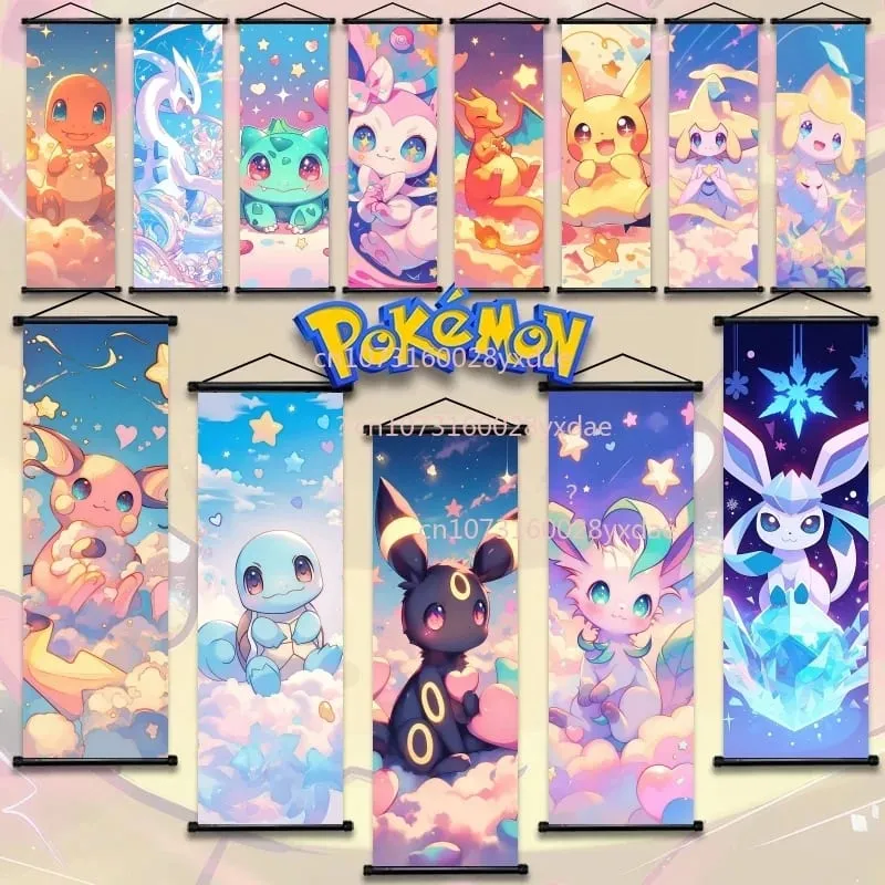 Classic Printed Pokemon Poster Cartoon Wall Artwork Gengar Squirtle Bulbasaur Pikachu Hanging Scroll Family Room Decoration — image 1