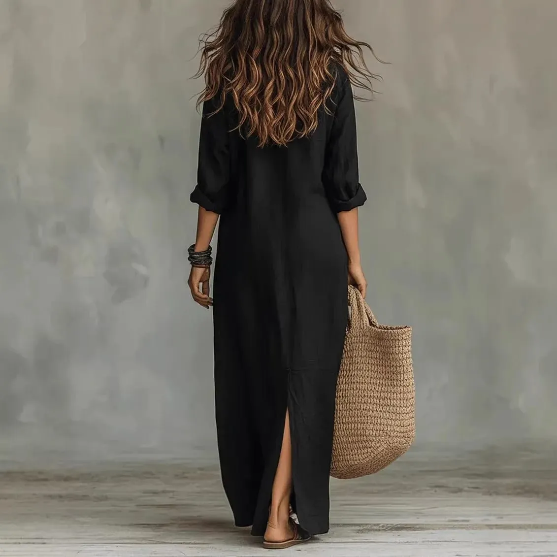 Casual Long Sleeve Loose Maxi Dress Women 2026 Summer Solid Color Turn-down Collar Beach Long Dresses Elegant Vestidos — image 2