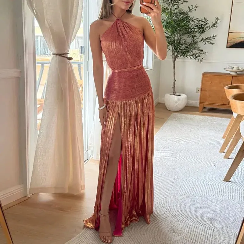 Guld Sexet grime høj splitkjole aftenkjole kvinde Chic solid hul plisseret lang kjole forår sommer rygløs lynlås maxi kjole — image 7