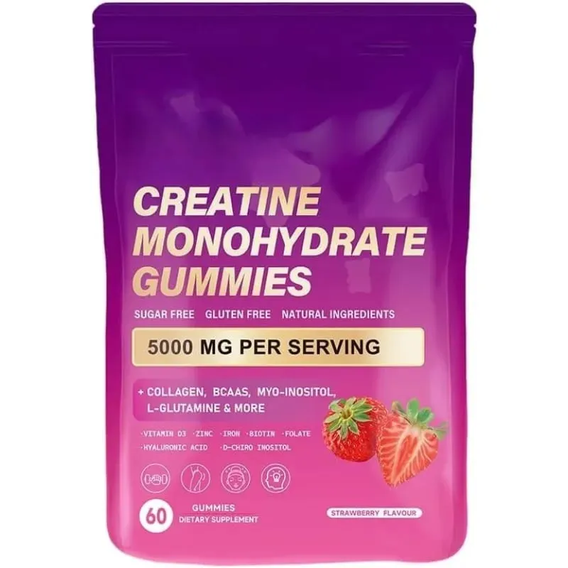 Creatine Monohydrate Gummies 60 Count with Collagen Biotin Vitamin D3 & Hyaluronic Acid for Daily Pre & Post Workout Recovery