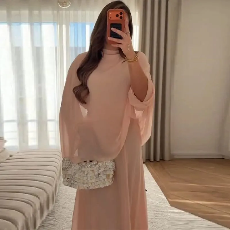Women's Fashion Pink High Neck Cape Dress Elegant Loose Long Sleeve Flowy Maxi Dress 2026 Spring NEW Lady Evening Party Outfit — image 5