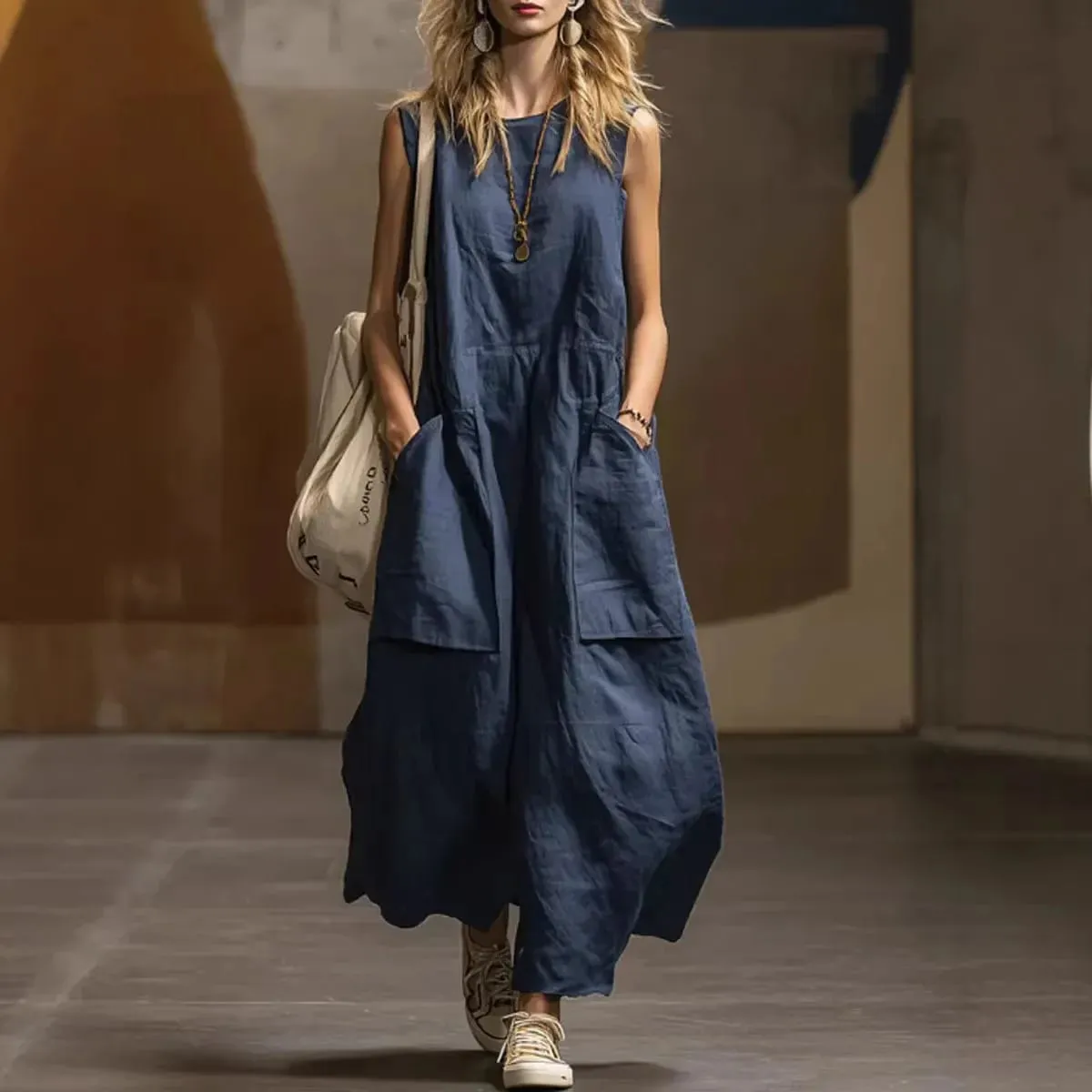 2026 Summer Loose And Simple Sleeveless Cotton And Linen Women's Dress New Fashion Casual Pocket Female Holiday Long Dresses — image 2