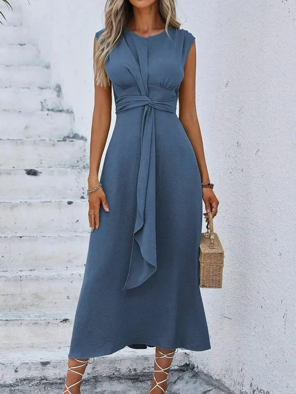 Women's Solid Color A-Line Dress Sleeveless Front Thin Straps Elegant Belted Midi Dress for Summer — image 11