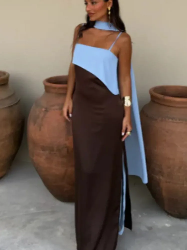 Color Blocking Scarf Collar Suspender Women Maxi Dress Spaghetti Strap High Split Floor Length Evening Dresses Lady Party Robes — image 4