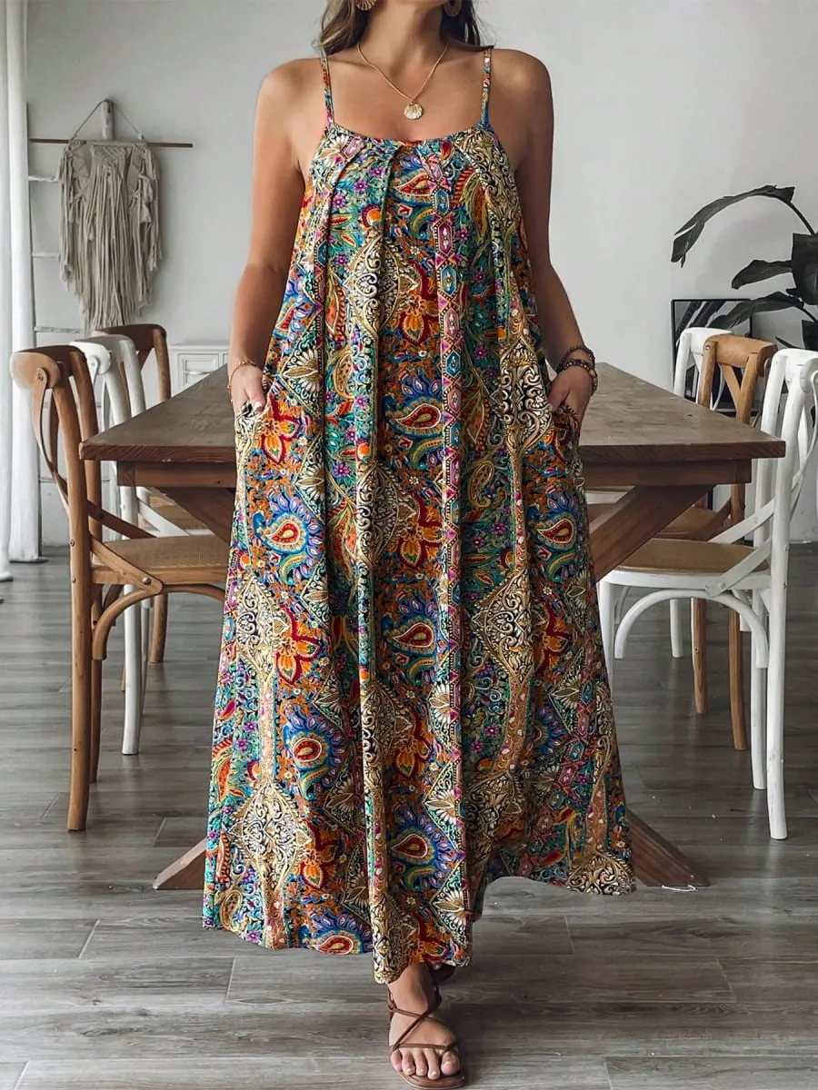 2026 Summer Women Bohemian Paisley Print Spaghetti Strap Maxi Dress Loose Flowy Pocket Long Dress Vintage Ethnic Beach Vacation — image 3