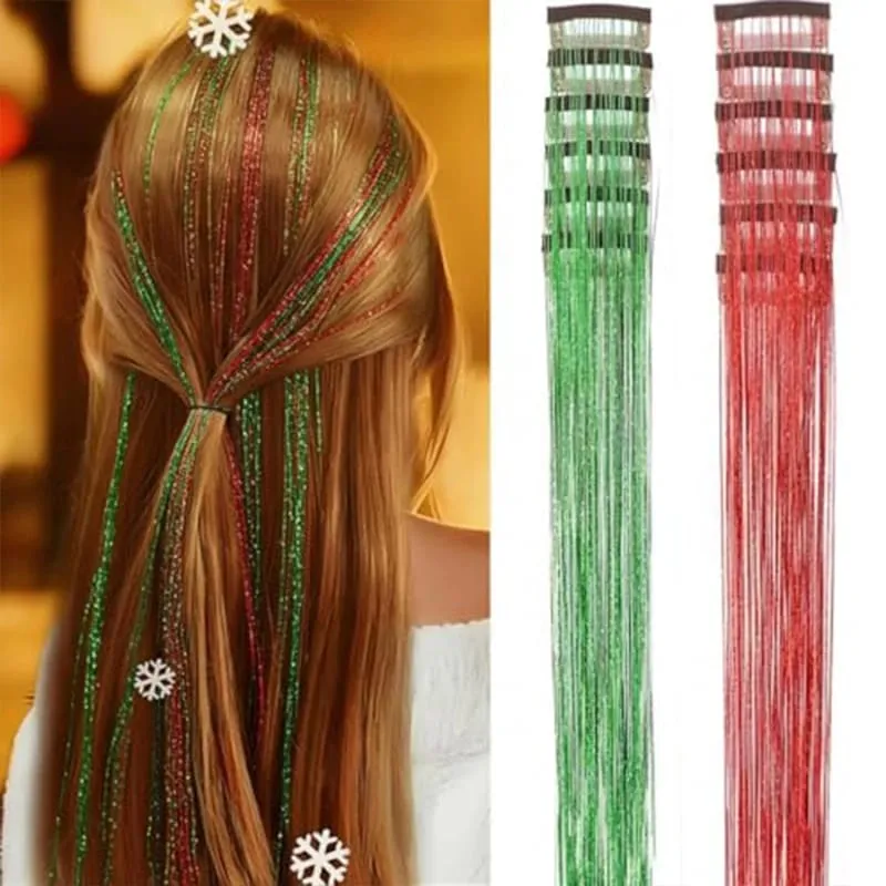 12Pcs Clip in Hair Tinsel Kit Red Hair Tinsel 22Inch Tinsel Hair Extensions Christmas Hair Tinsel Party Festival Accessories — image 17