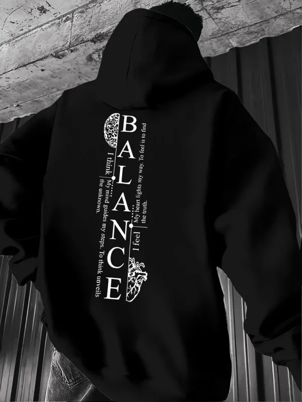 New Hoodie Men Balance Brain & Heart Vertical Text Print Pullover Sweatshirt Casual Street Style Autumn Winter Hooded Sweat Top — image 1