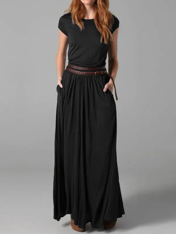 Mulheres elegantes cor sólida gola maxi vestido sólido com bolsos saia longa vestidos de manga curta senhora do escritório vestidos maxi — image 4