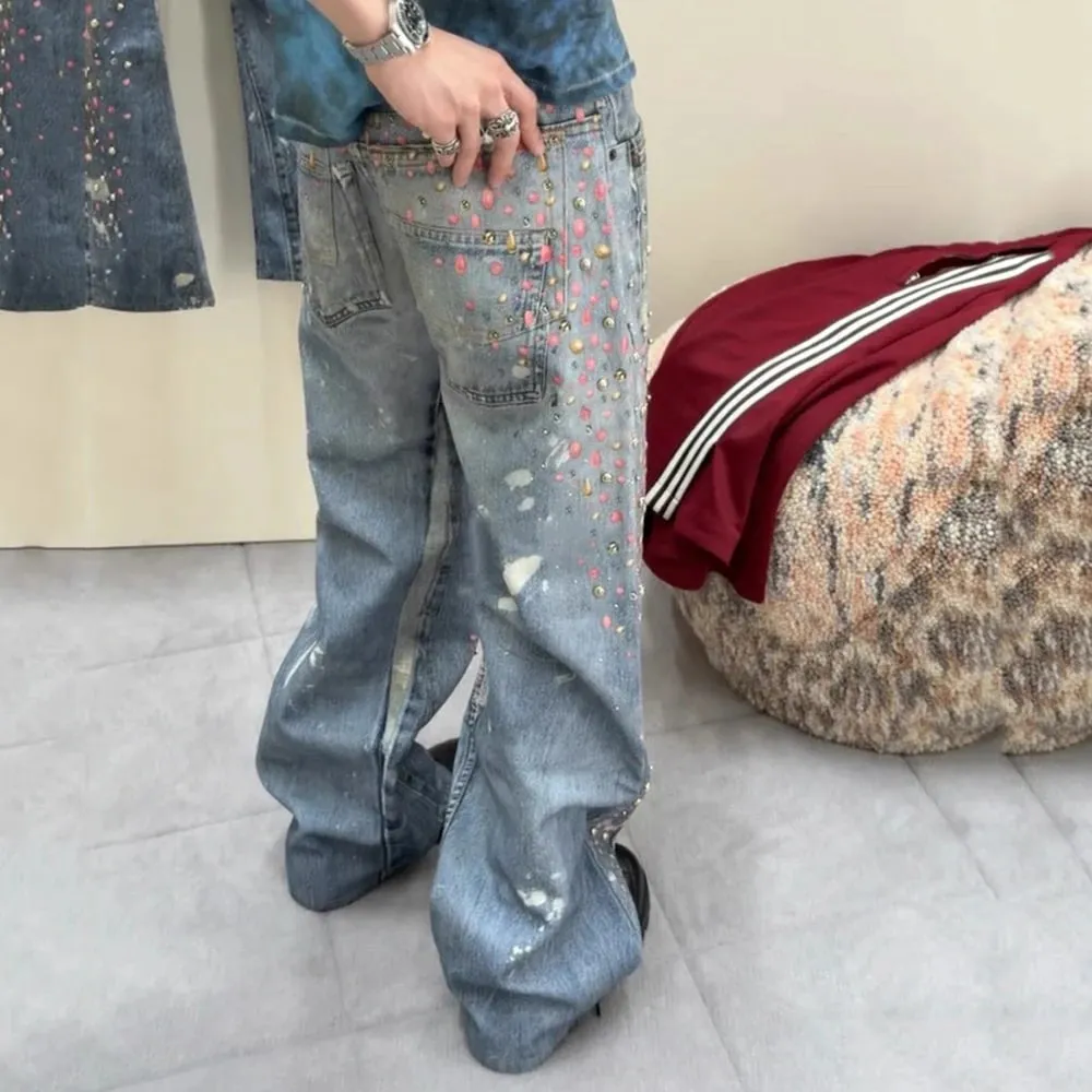 3D Printed Full Diamond Jeans for Men Straight Washed Distressed Shinning Diamon Denim Trousers Hip Hop Loose Baggy Jean Pants — image 5