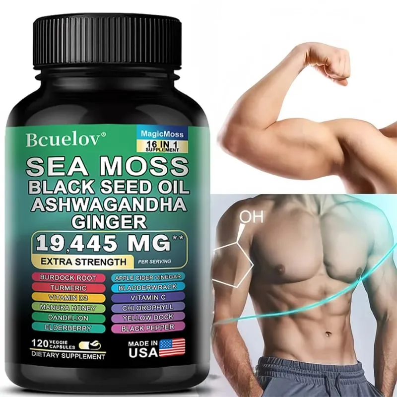 Sea Moss Capsules with Black Seed Oil Ashwagandha Turmeric Complex Energy Immune Digestive Skin & Stress Relief Support — image 1