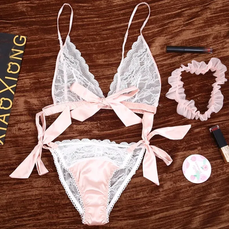 Lingerie sexy francesa renda babados sem fio sutiã e calcinha com liga conjunto de roupa íntima tentação transparente conjunto de sutiã ultrafino — image 5