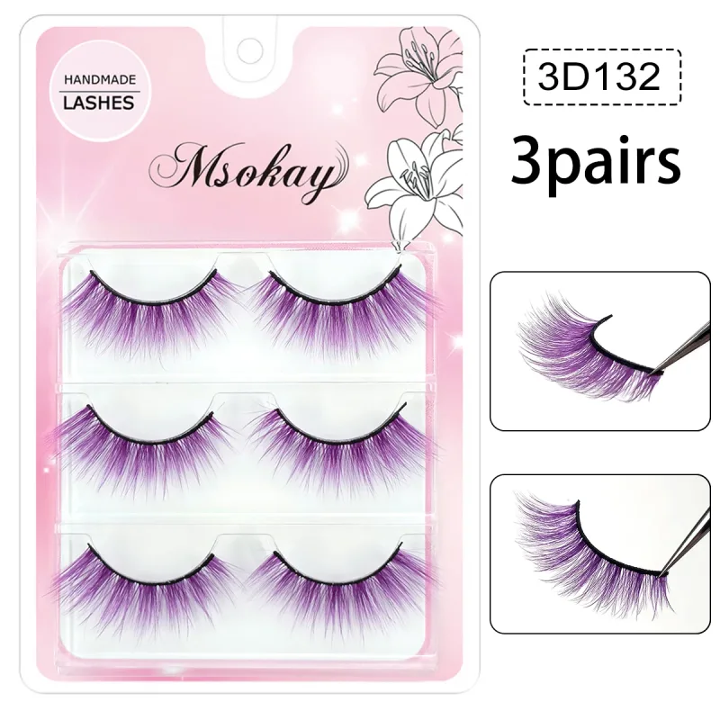 3 Pairs Rainbow Colored Eyelashes Brown Cosplay False Eyelashes Blonde Makeup Eye Lashes Colorful Blue Halloween Vegan Cilias — image 10