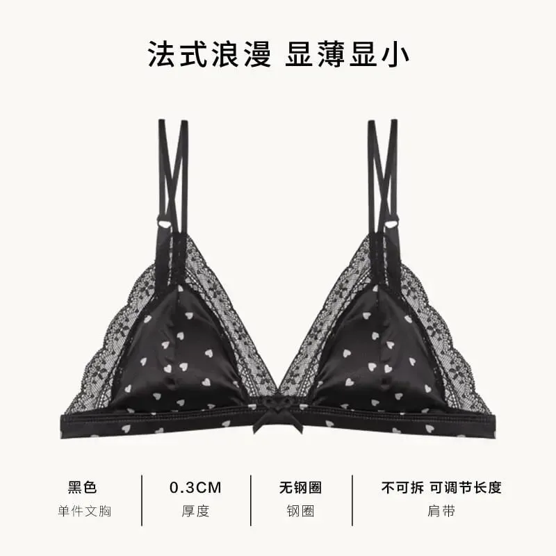 Elegant French Sweet Satin Lace Triangle Bra Pure Sexy Coquette Look Wirefree Small Bust Gathered Effect Thin Cup Bow Lingerie — image 10