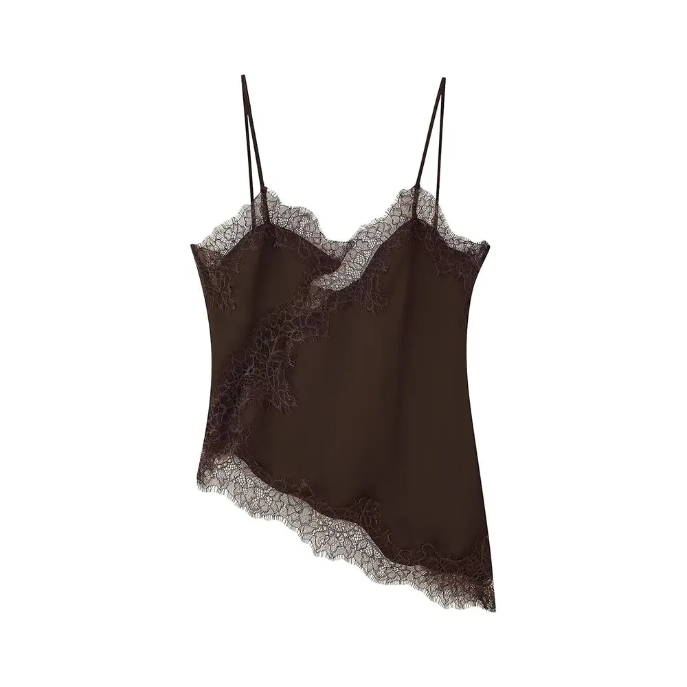 Women Sexy Satin Lace Trim Cami Tops Silk V Neck Spaghetti Strap Tanks Tops Y2k Coquette Loose Going Out Camisoles Streetwear