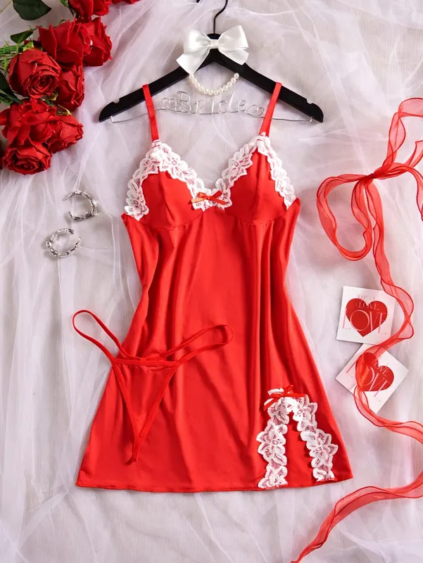 Conjunto de lingerie feminina, camisola de renda, roupa de dormir sólida, slim, macia, roupa de dormir e tanga