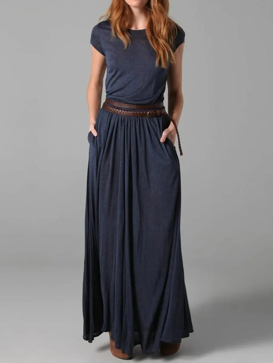 Mulheres elegantes cor sólida gola maxi vestido sólido com bolsos saia longa vestidos de manga curta senhora do escritório vestidos maxi — image 2