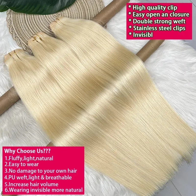 Straight #613 Blonde Color Invisible Clip in Hair Extensions PU Seamless Double Weft Clip Ins 100% Raw Virgin Human Hair 100g