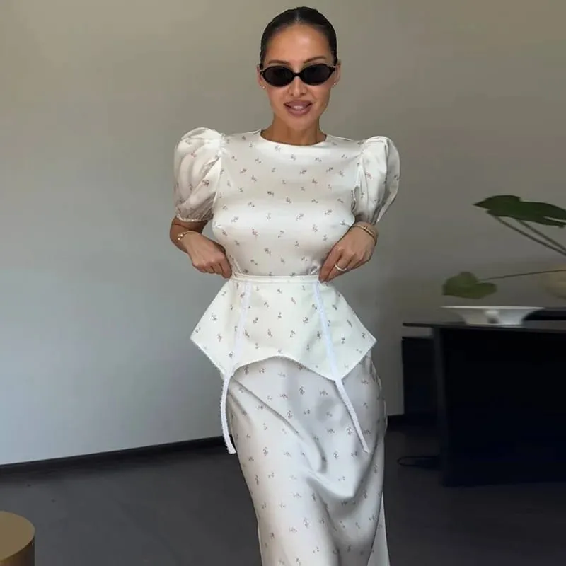 Women's White Floral Print Puff Sleeve Dress With Waistband Fashion Satin Ruffled Hem Maxi Dresses Lady 2026 Elegant Party Robe