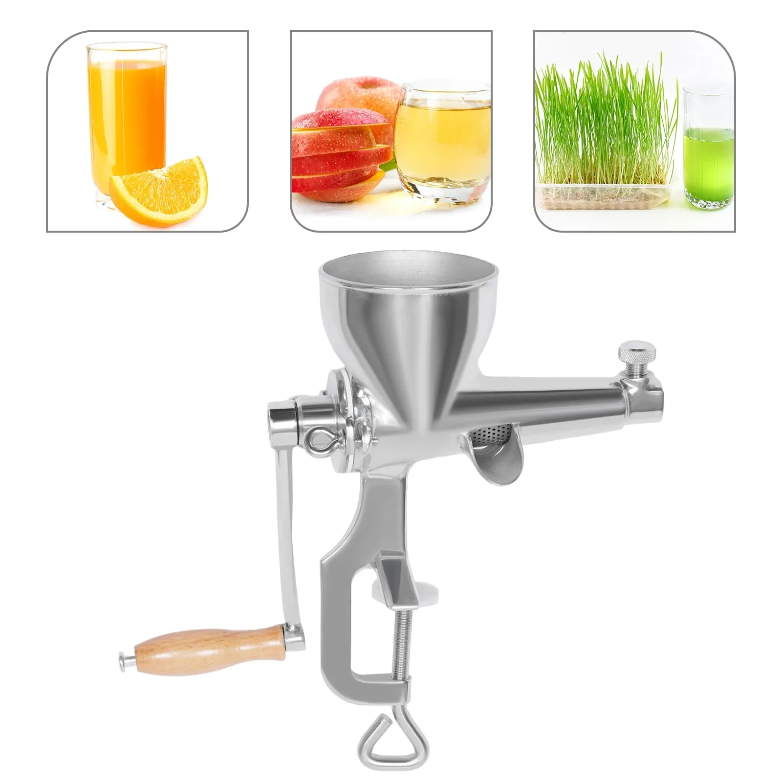 Manual Juice Squeezer – 304 Stainless Steel – C-Clamp Base – 3.54" Inlet – for Wheatgrass Vegetable Fruit – Easy Clean – Home & Commercial – Silver