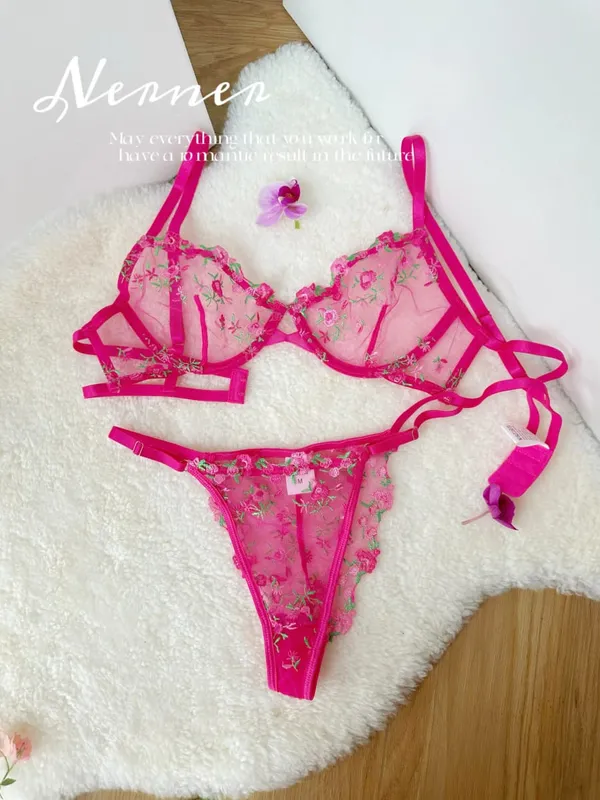 Transparent Floral Lace Embroidery Bra Set Summer Thin Minimizer Underwear Soft Breathable Full Bust Female Home Daily Wear S-XL
