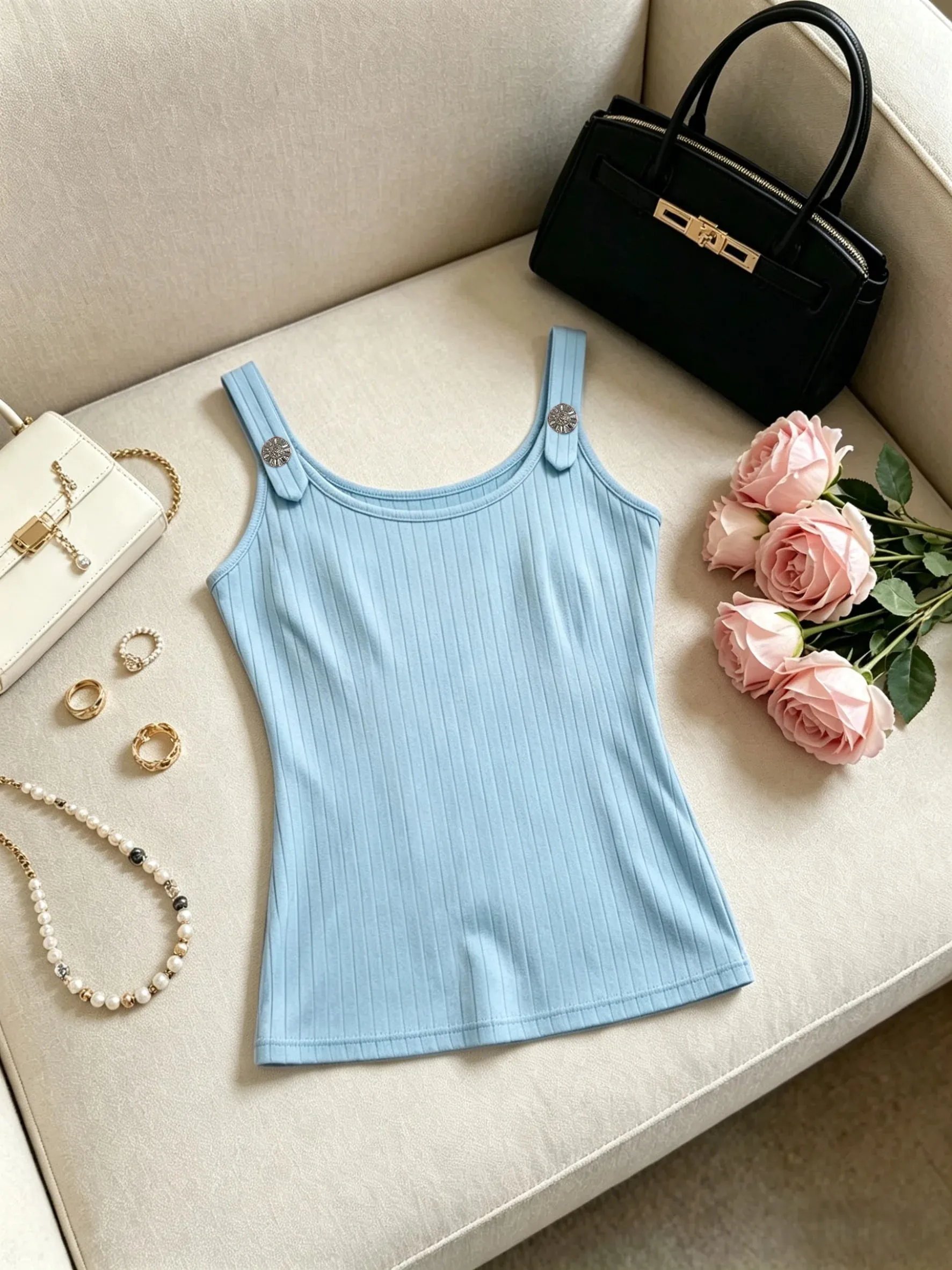 Women Pink Ribbed Tank Top Casual Metal Button Detail U Neck Form Fitting Sleeveless Cami Top