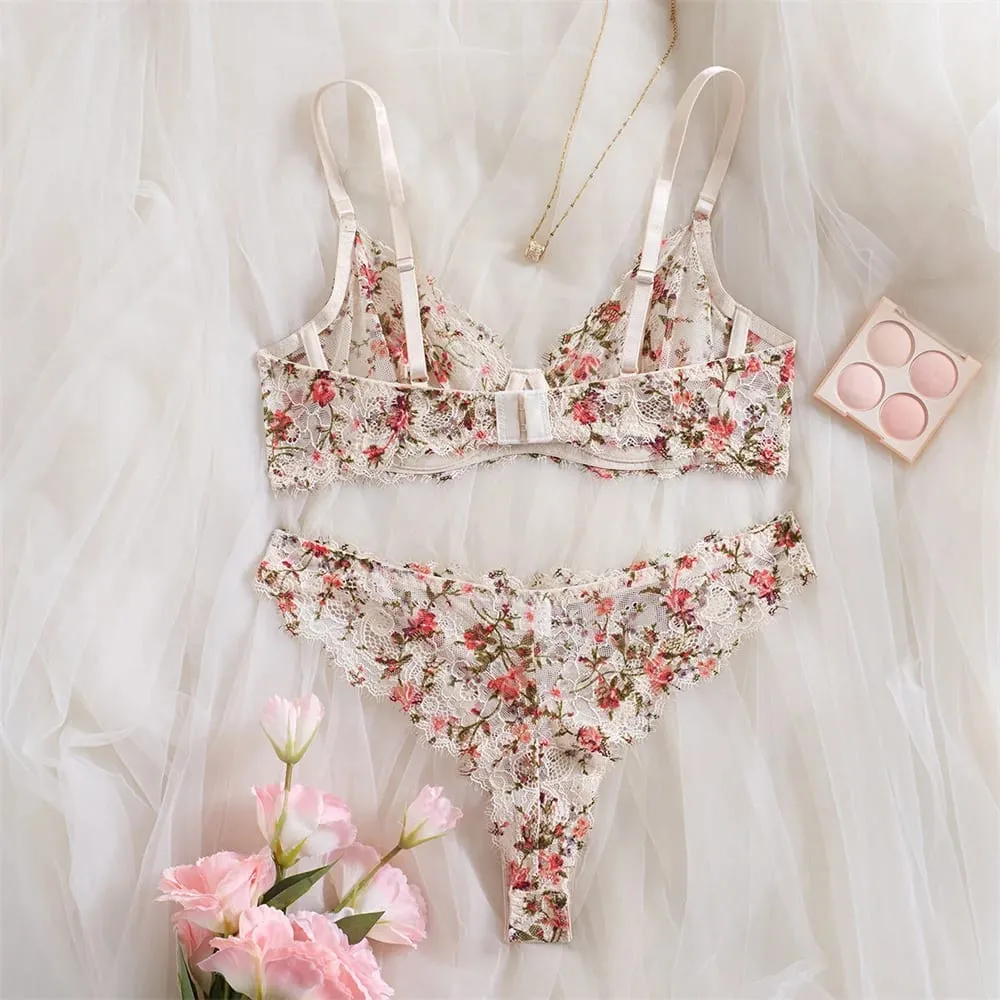 Krasapt franska blommor broderi underkläder 2 st set Fancy spets patchwork genomskinlig behåar och trosor Kostymer Sexiga erotiska outfits — image 3