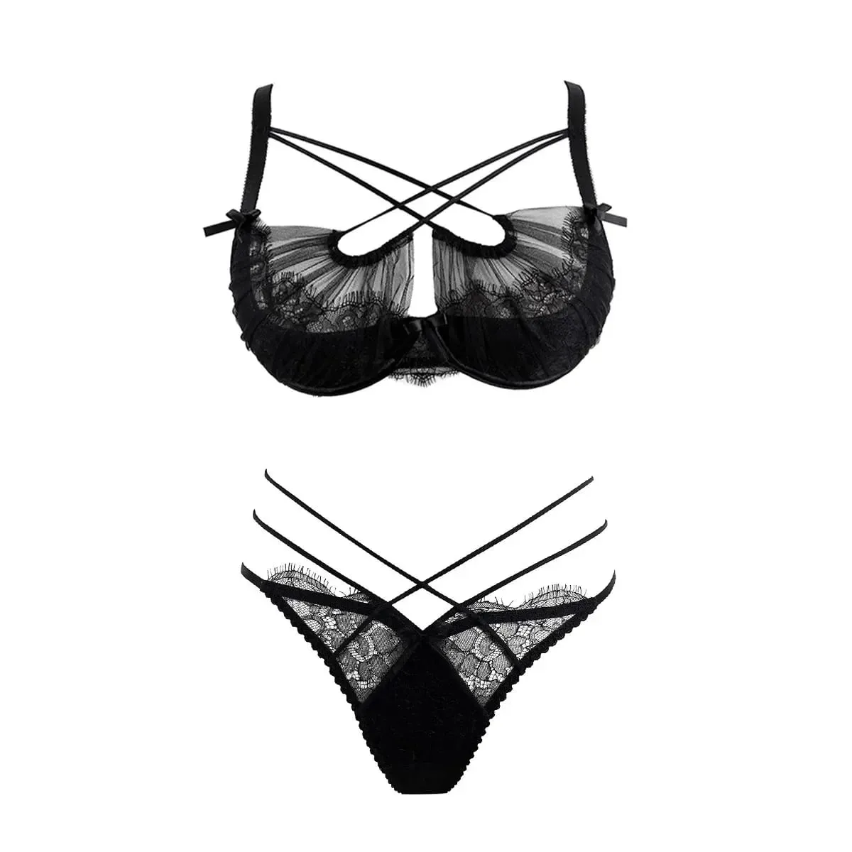 Summer Lace Embroidery Cross Tie Lingerie Set Sheer Mesh Push Up Bra Comfortable Daily Wear Underwear for Women Size 32-38